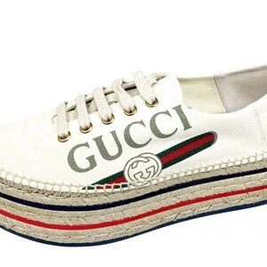 Gucci Women's White Espadrille Shoes with Red and Green Accents